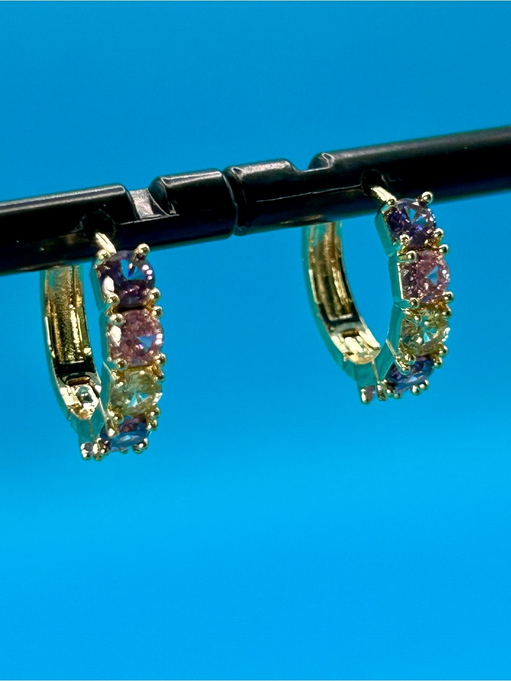 Gold Hoop Earrings with Multicolor Gemstones 14K Gold Plated